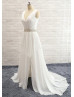 V Neck Ivory Chiffon Lace Split Front Beach Wedding Dress